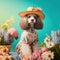 a poodle wearing a dress and a straw hat surrounded by flowers and flowers on a teal blue background