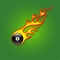 Pool ball 8 icon vector in a fiery flame on a green background
