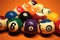 Pool balls pyramid on orange cloth for eightball game