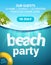 Pool beach summer party invitation banner flyer design. Water and palm inflatable yellow mattress. Beach party template