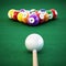 Pool or billiard balls and cue on green table cloth. 3D illustration