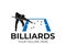 Pool billiards, human next to blue table with snooker cues and balls, logo design. Billiards sport game and tournament with player