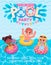 Pool birthday party invite poster with kids with inflatable rings. Summer swimming event for children. Cartoon vacation