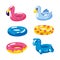 Pool cute kids inflatable floats, vector isolated design elements. Unicorn, flamingo, swan ball, donut icons isolated on