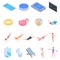 Pool equipment icons set, isometric style