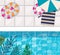Pool with floats towel and umbrella top view vector design