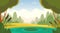 Pool forest. Cartoon background of beautiful pond and trees. vector template