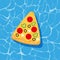 Pool infantable pizza mattress place on water texture.