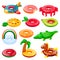 Pool inflatable rings set. Boys and girls floating funny toys. Vector illustration. Summer beach kids leisure elements