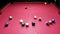 Pool match start. Rack breaking. Colorful billiard balls.