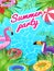 Pool party card. Swim summer inflatable toys poster fun tropical beach flyer lifesaver equipment children sea