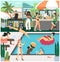 Pool party concept vector illustration. Summer vacation at poolside. Happy people swim in swiming pool, drink and dance