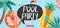 Pool party invitation banner. Couple floating on inflatable rings in swimming pool.