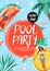 Pool party invitation poster. Couple floating on inflatable rings in swimming pool. Creative lettering and summer elements.