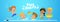 Pool party Invitation template baner. Multiracial Children have fun in pool. Redhead boy with a toy water gun jumping in