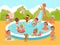 Pool party kids. Fun water game. Happy children with floating toys. Boys and girls ride swimming pond slide. Characters