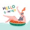 Pool party. Positive young girl sitting on watermelon inflatable ring, ready to swim, white background. Hello summer.