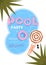 Pool party poster. Vector illustration. Pool party invitation with water, pink float, beach umbrella, palm, femele legs.