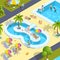 Pool relax people. Traveller in resort hotel swimming enjoying kids playing in water luxury holidays vector isometric