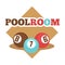 Pool room isolated promotional emblem with colorful balls