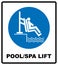 Pool and spa lift for disabled sign. Disability people information flat icons isolated on white background. Blue