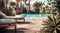 A pool with stylish furniture, decorative plants, and a well-maintained surrounding area, demonstrating an inviting and