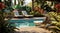 A pool with stylish furniture, decorative plants, and a well-maintained surrounding area, demonstrating an inviting and