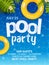 Pool summer party invitation banner flyer design. Water and palm inflatable yellow mattress. Pool party template poster