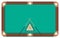 Pool table with set of billiard balls: 15 white shining balls with numbers,yellow cue ball, two crossed cues and a triangle.A kit
