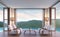 Pool villa living room with mountain view 3d rendering image