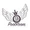 Poolroom logo with crown and wings monochrome sketch outline