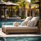 Poolside lounge are with rattan sofa with ornaments pillows. Beautiful hotel spa or wellness concept