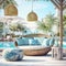 Poolside lounge are with rattan sofa with ornaments pillows. Beautiful hotel spa or wellness concept