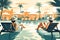 Poolside relaxation scene, showcasing a couple lounging together on comfortable sunbeds, sipping cool, tropical drinks, and