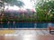 Poolside view with tropical plants and bungalows