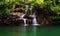 Poolside waterfall in a beautiful garden setting