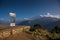 Poon hill altitude sign with Annapurna range in background, Nepal.