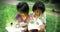 Poor Asian Thai girl children couple reading book studying and education animation icon pop out