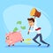 Poor bankrupt businessman office worker character running chase piggy bank with hammer. Financial crisis problems flat cartoon ill