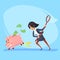 Poor bankrupt businesswoman office worker character running chase piggy bank with net. Financial crisis problems flat cartoon illu