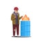 Poor bearded man warming his hands by fire beggar guy standing near burning garbage in barrel homeless jobless concept