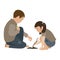 Poor Boy and Girl planting an apple seed in the ground. Friends. Isolated Vector Illustration