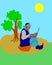 Poor farmer man cartoon operating laptop illustration