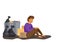 A poor, homeless man sits on the floor near a trash can. need help from fellow human beings together flat style cartoon vector