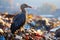A poor and hungry bird in a garbage dump. The problem of ecology and the environment.