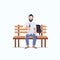 Poor man drunk beggar sitting on wooden bench holding bottle of alcohol homeless jobless concept white background full