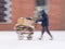 Poor man pulling a cart with cardboard in the city in snowy winter day