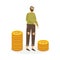 Poor sad man in torn clothes next to stacks of gold coins a vector illustration.
