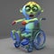 Poor undead zombie monster is very slow in his wheelchair, 3d illustration