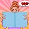 Pop Art Amazed Woman Reading Book. Educational Concept